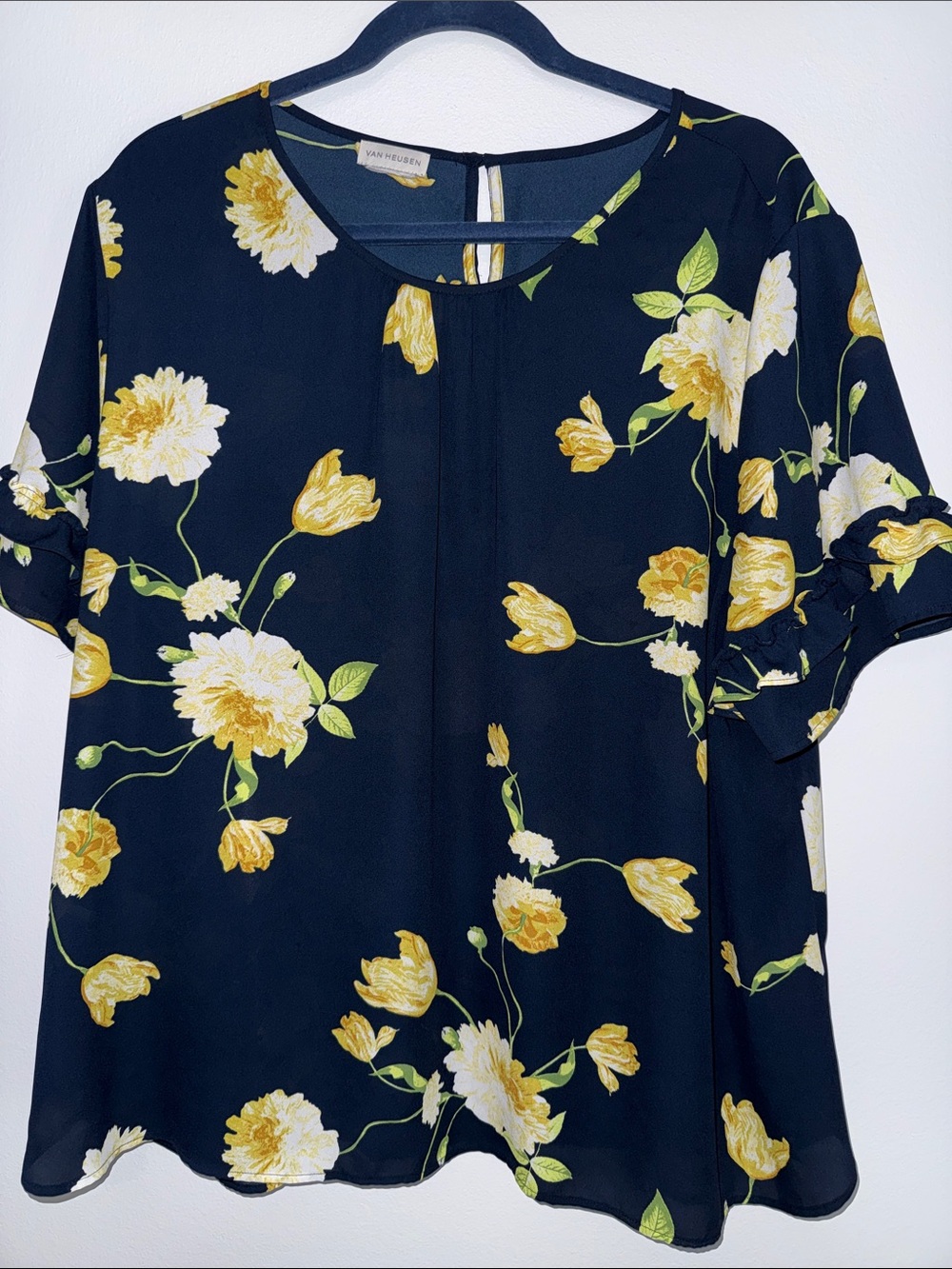 Van Heusen Navy Floral Short Sleeve Blouse with Yellow Flowers